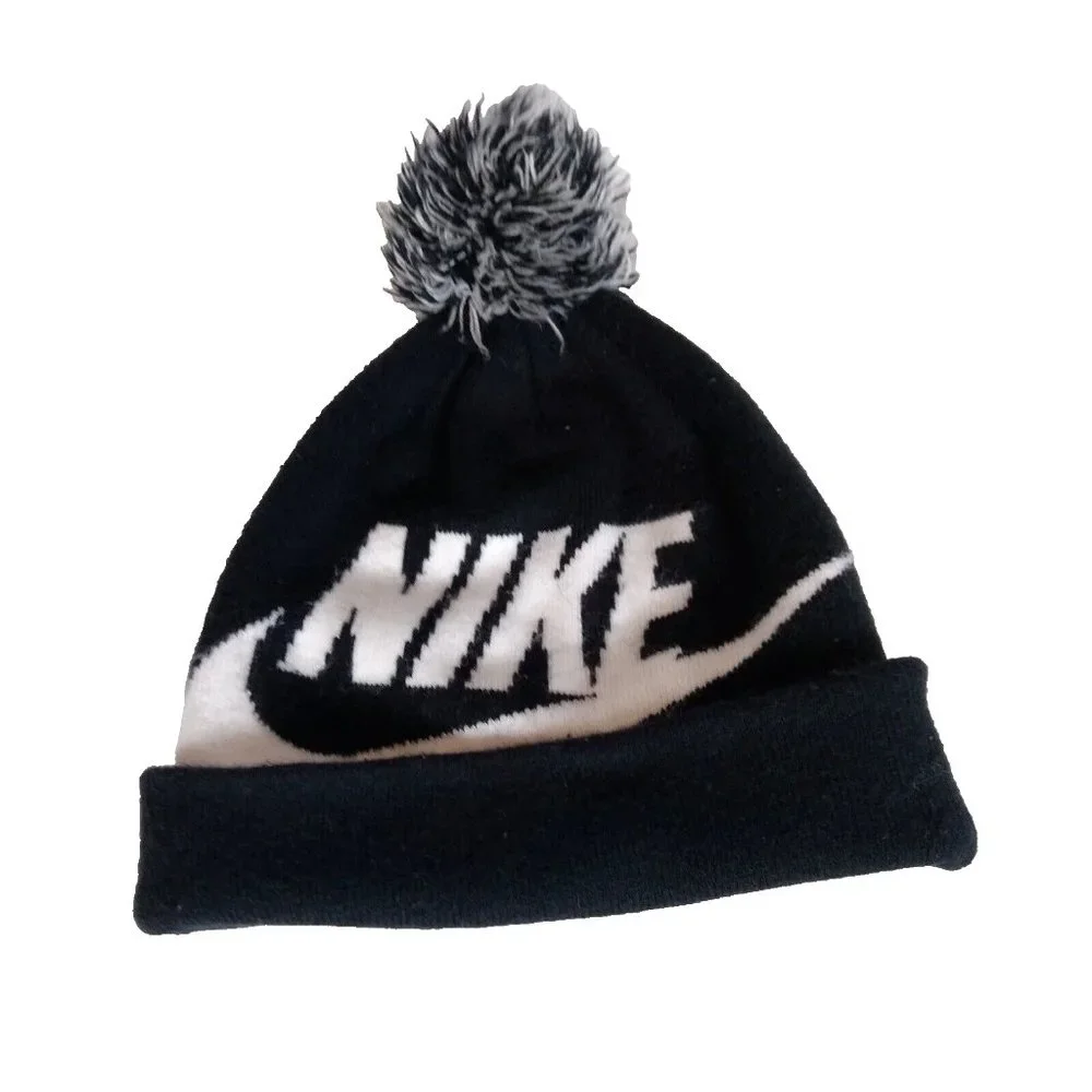 Nike Youth Knit Pom Beanie – Black & White Hat w/ Bold Logo – Sports Cap
